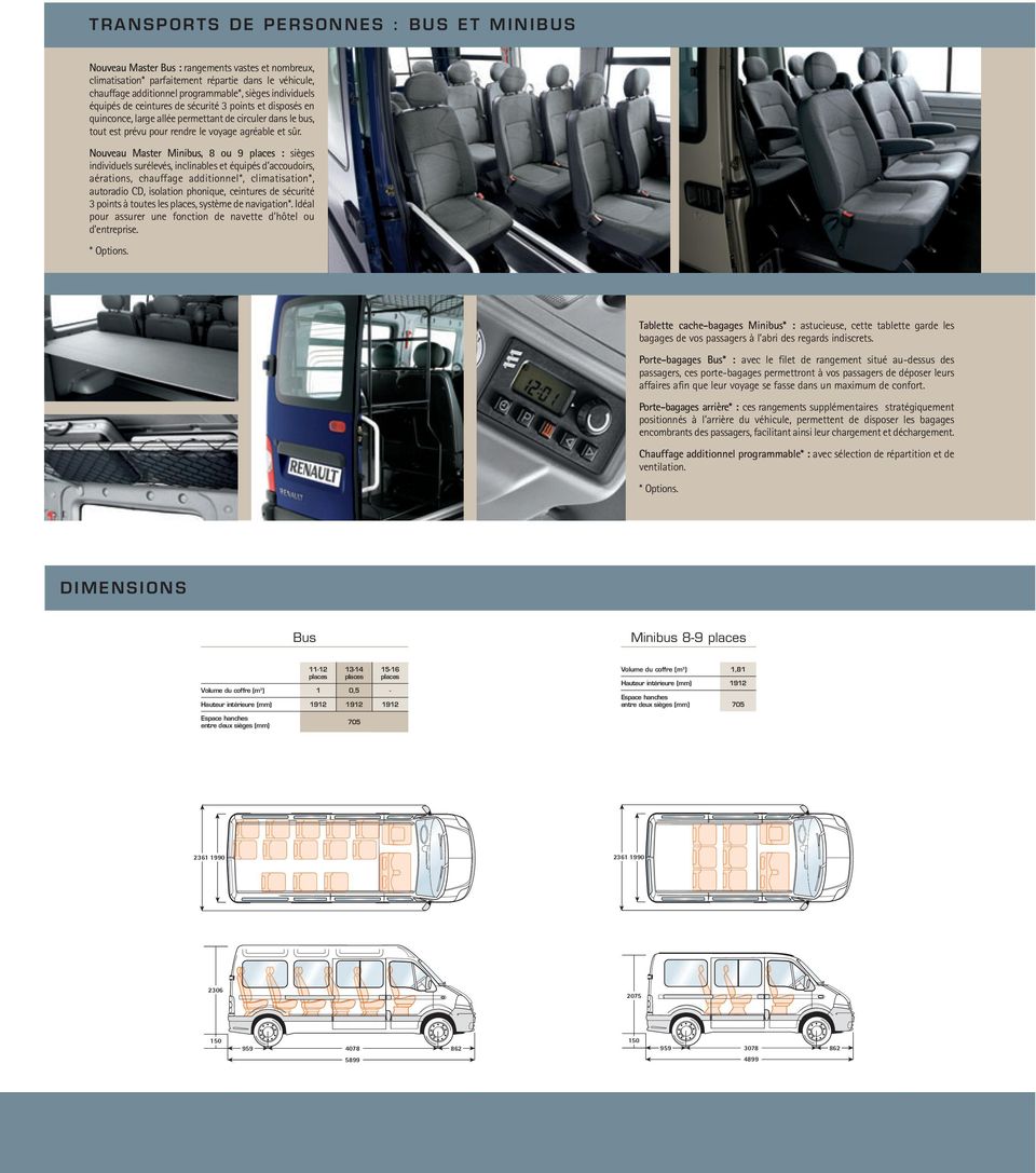 Nouveau Master Minibus, 8 ou 9 places : sièges individuels surélevés, inclinables et équipés d accoudoirs, aérations, chauffage additionnel*, climatisation*, autoradio CD, isolation phonique,