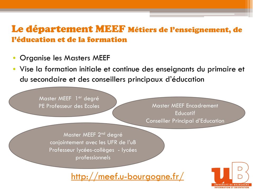 Master MEEF 1 er degré PE Professeur des Ecoles Master MEEF Encadrement Educatif Conseiller Principal d Education Master