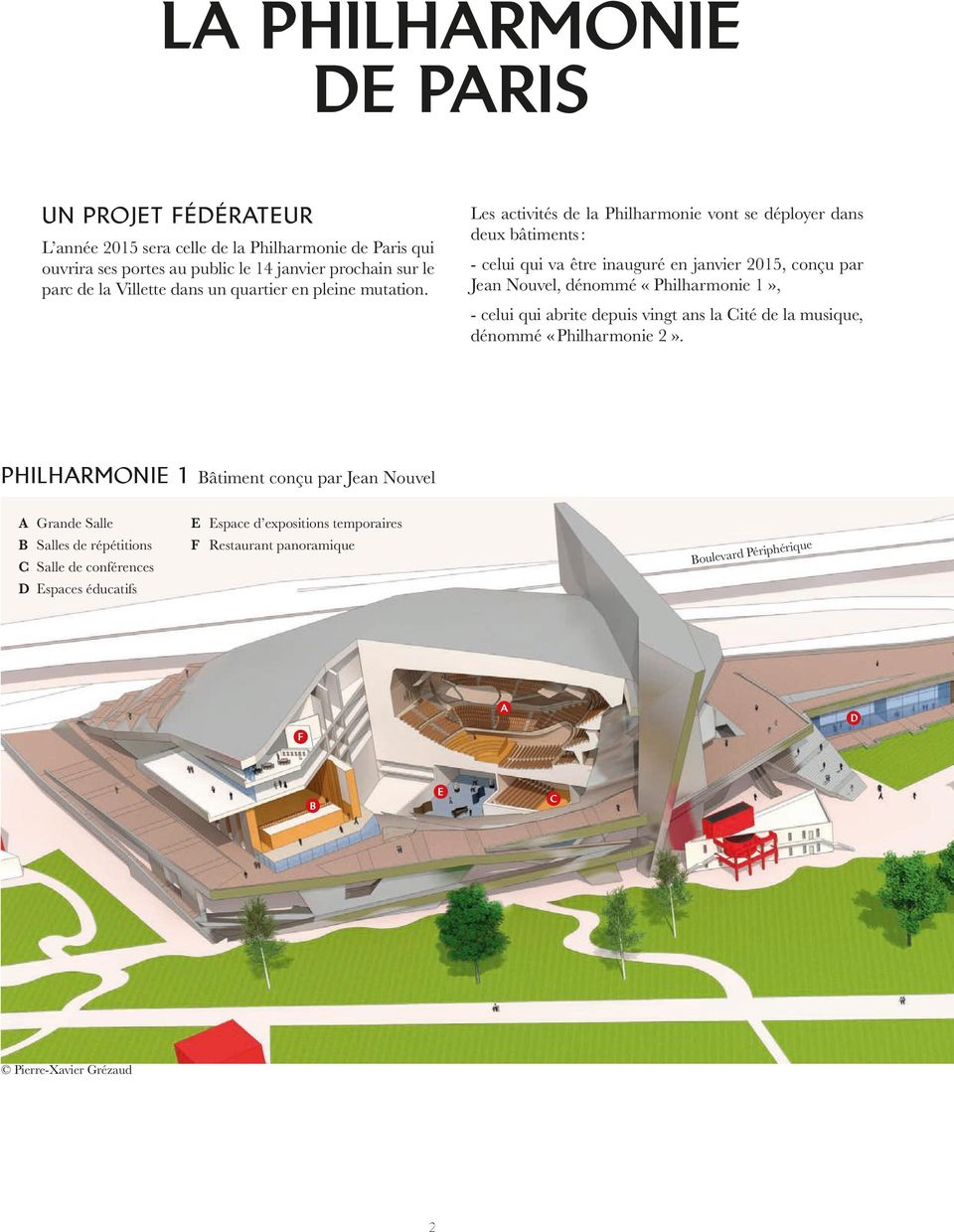 Les activités de la Philharmonie vont se déployer dans deux bâtiments : - celui qui va être inauguré en janvier 2015, conçu par Jean Nouvel, dénommé «Philharmonie 1», - celui qui